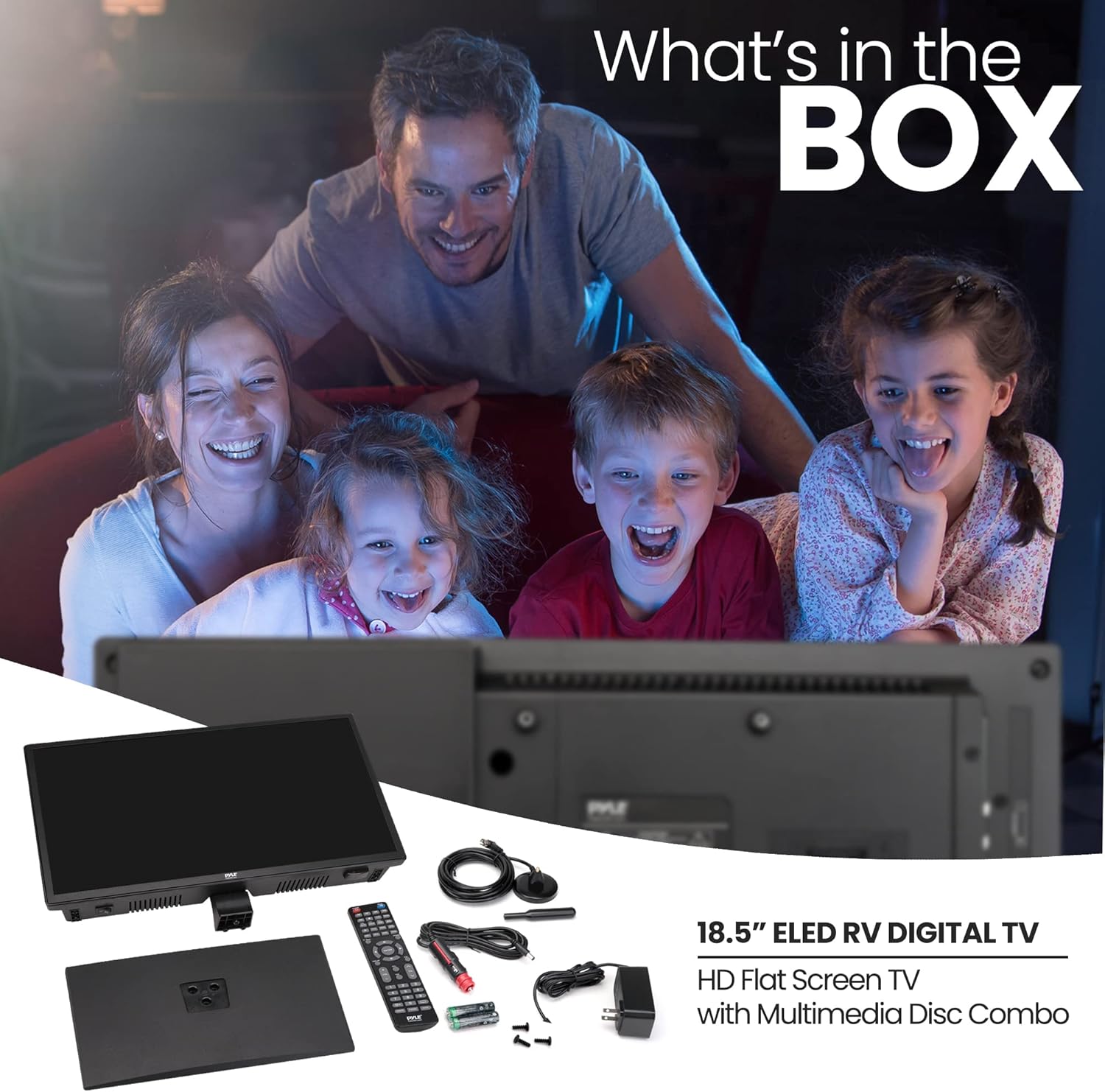 Pyle 18.5 นิ้ว LED RV TV 1080p - จอแบนบาง FHD ทีวีขนาดเล็กพร้อม HDMI, RCA, คอมโบดิสก์มัลติมีเดีย/ดีวีดี, อะแดปเตอร์รถยนต์ 12/24 โวลต์, ติดผนัง, ทำงานร่วมกับ Mac PC, รวมรีโมตคอนโทรล