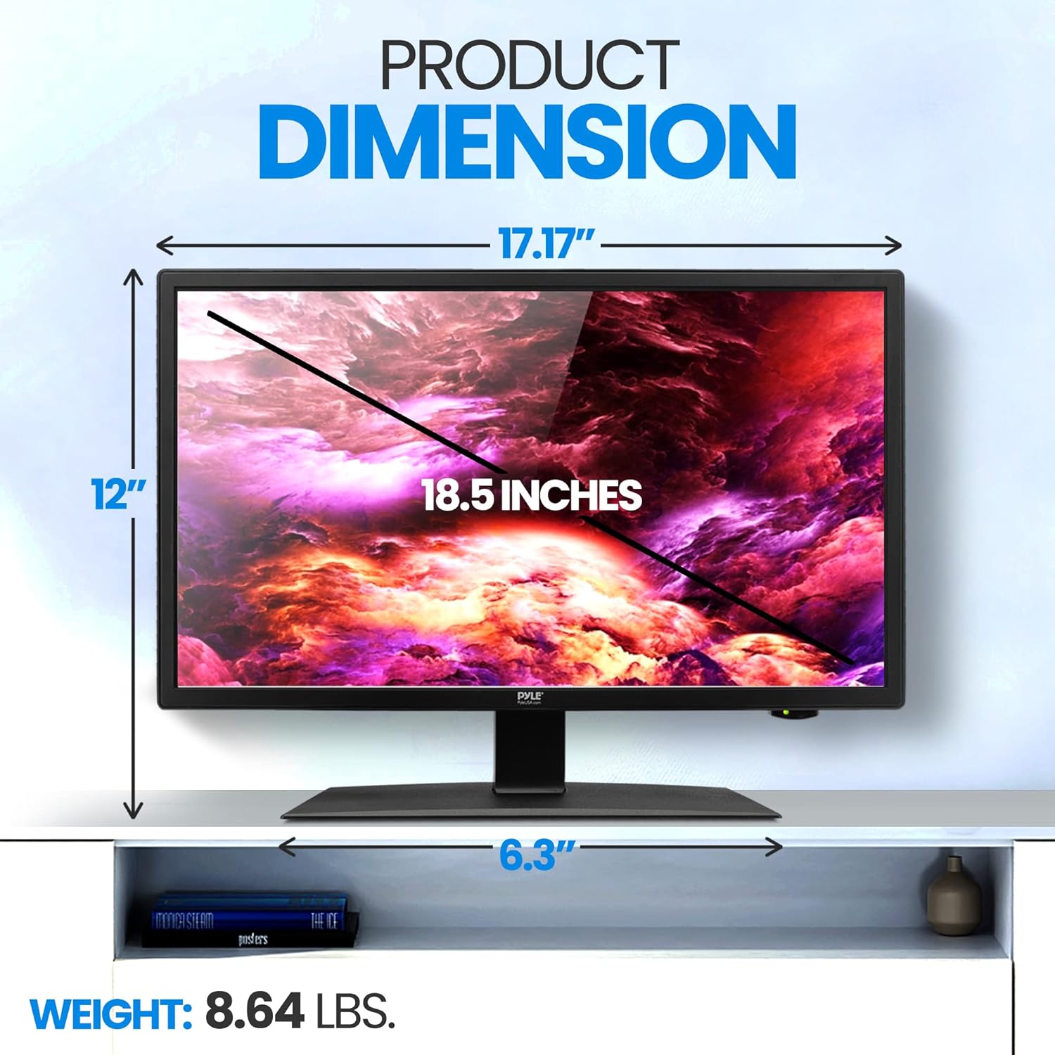 Pyle 18.5 นิ้ว LED RV TV 1080p - จอแบนบาง FHD ทีวีขนาดเล็กพร้อม HDMI, RCA, คอมโบดิสก์มัลติมีเดีย/ดีวีดี, อะแดปเตอร์รถยนต์ 12/24 โวลต์, ติดผนัง, ทำงานร่วมกับ Mac PC, รวมรีโมตคอนโทรล