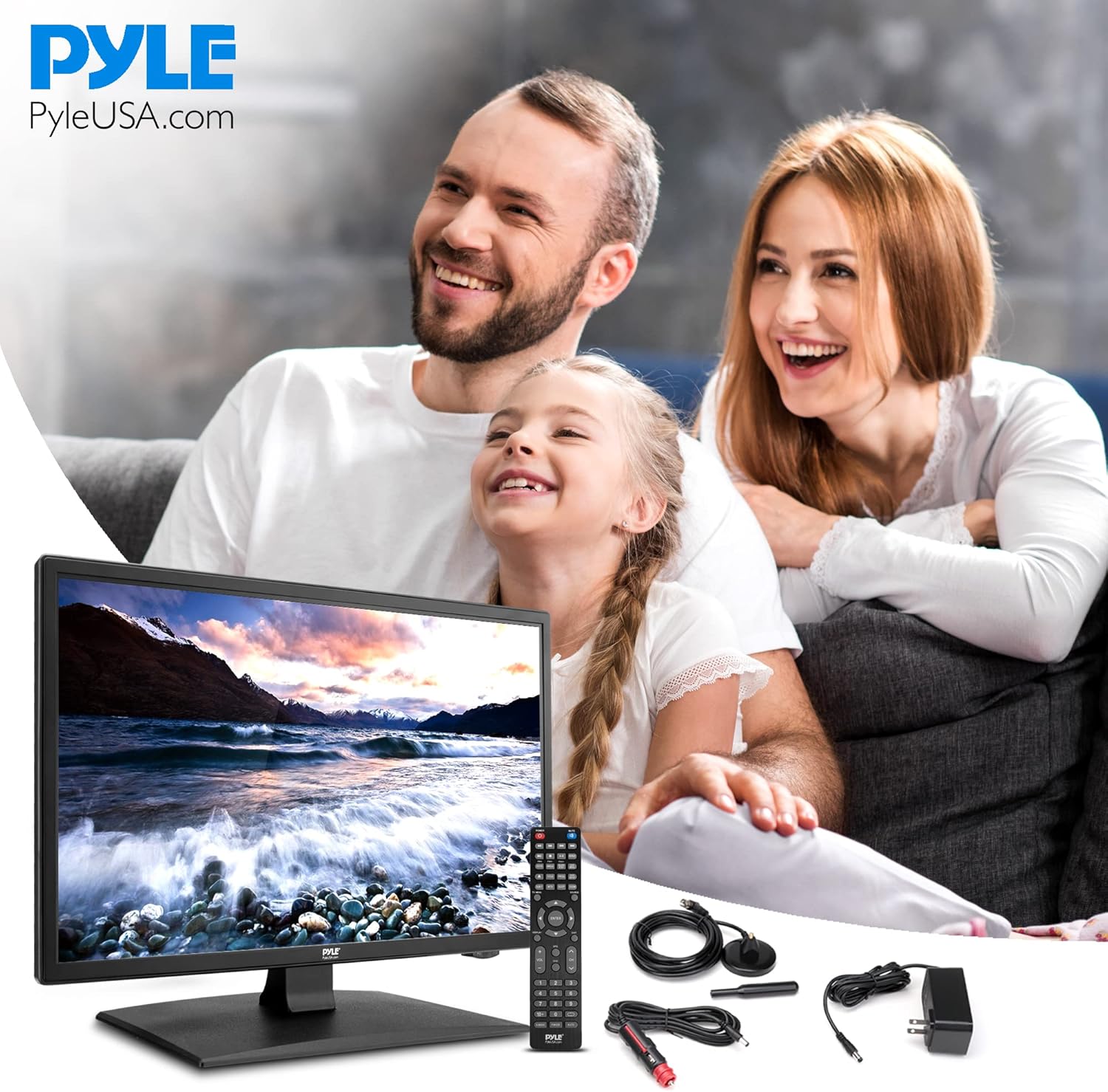 Pyle 18.5 นิ้ว LED RV TV 1080p - จอแบนบาง FHD ทีวีขนาดเล็กพร้อม HDMI, RCA, คอมโบดิสก์มัลติมีเดีย/ดีวีดี, อะแดปเตอร์รถยนต์ 12/24 โวลต์, ติดผนัง, ทำงานร่วมกับ Mac PC, รวมรีโมตคอนโทรล