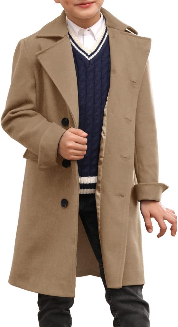 Ebifin Boys Notch Lapel Double Breasted Long Trench Coat Casual Classic Peacoat