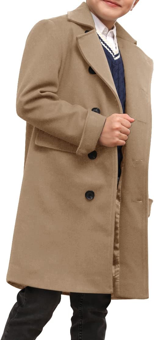 Ebifin Boys Notch Lapel Double Breasted Long Trench Coat Casual Classic Peacoat