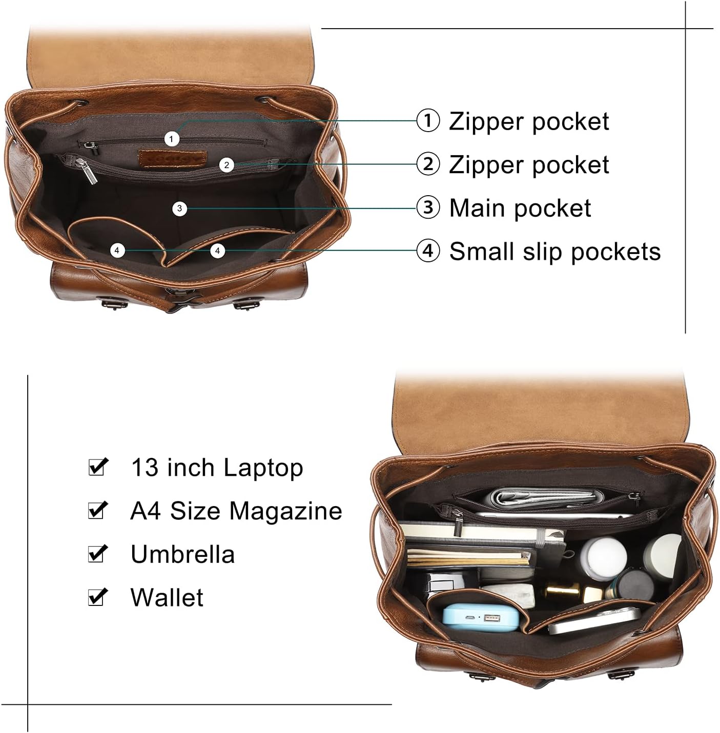 COOLCY Damen-Rucksack aus echtem Leder, modischer Rucksack, praktischer und stilvoller Retro-Tagesrucksack (braun), One_Size