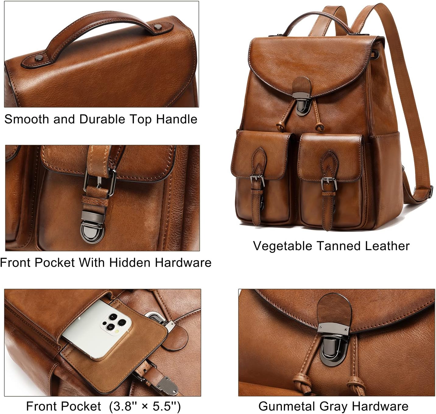 COOLCY Damen-Rucksack aus echtem Leder, modischer Rucksack, praktischer und stilvoller Retro-Tagesrucksack (braun), One_Size