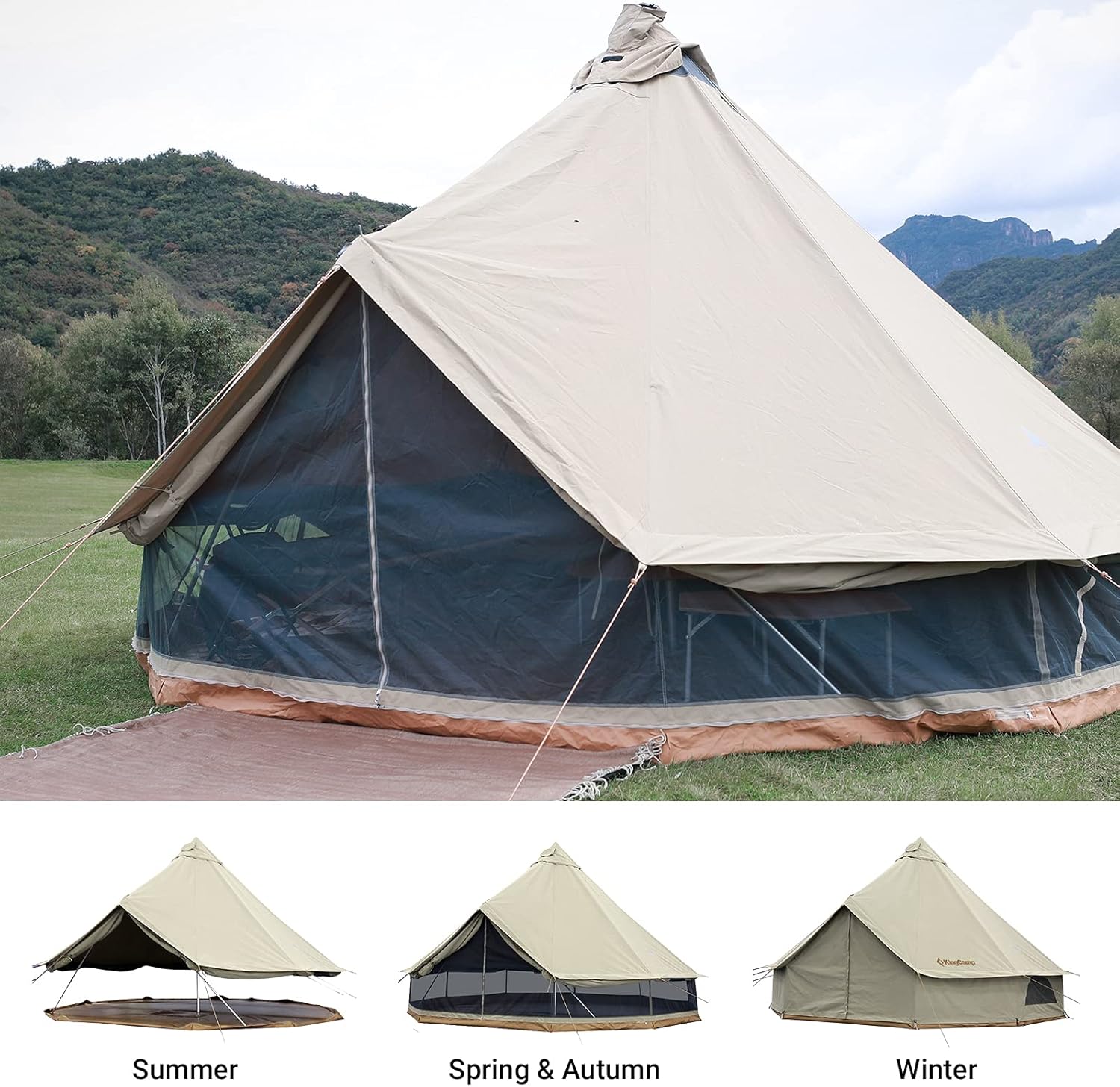 KingCamp Canvas Bell Tent for Camping, 4 Seasons 13.2ft/16.4ft Camping Yurt Tent, w/Stove Jacks, Luxury Glamping Waterproof and Breathable Tents for Family Camping Outdoor Hunting Party · v2