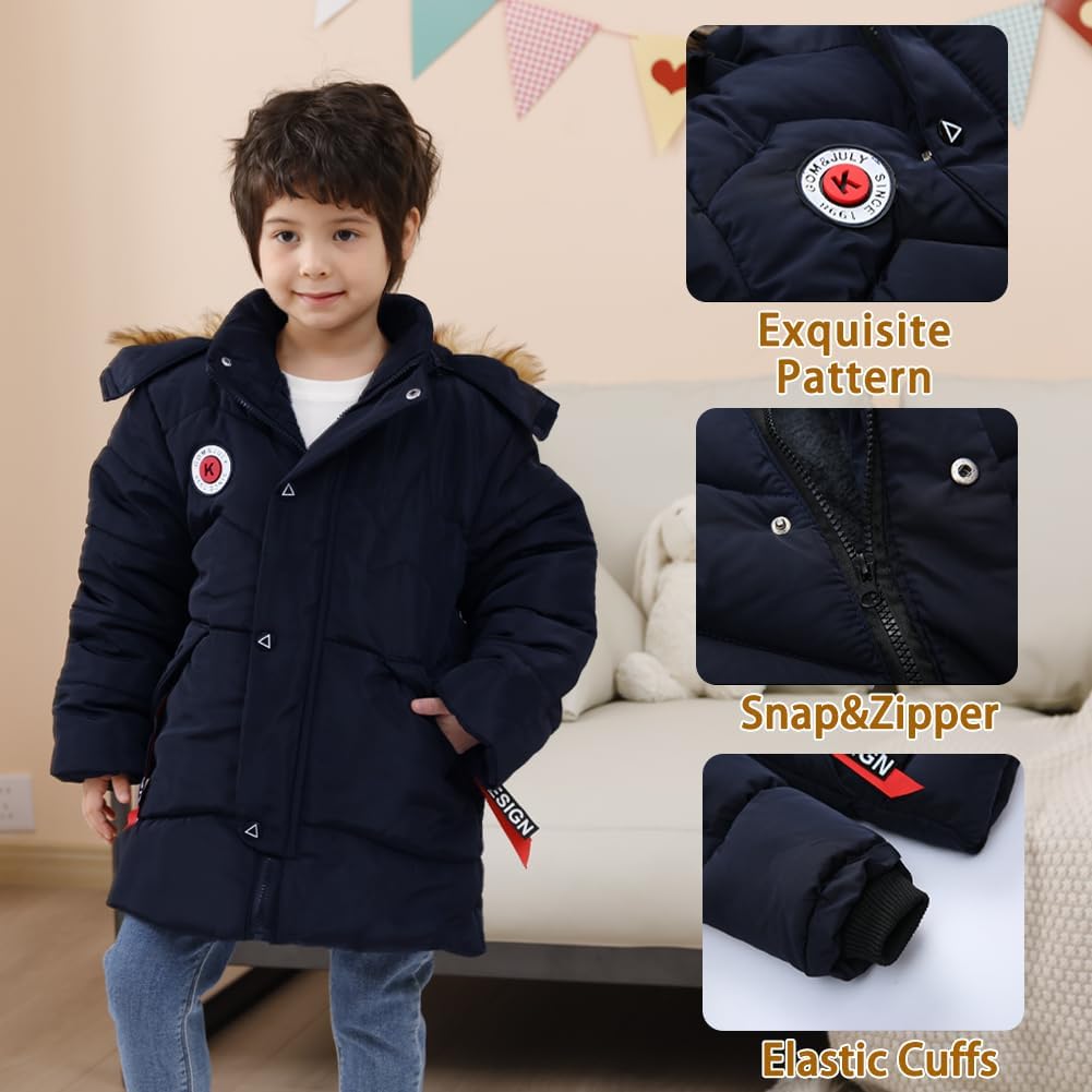 XIFAMNIY Boys Down Jacket Fur Collar Hood Thick Warm Winter Coat Parka Padded Outerwear 3-6T
