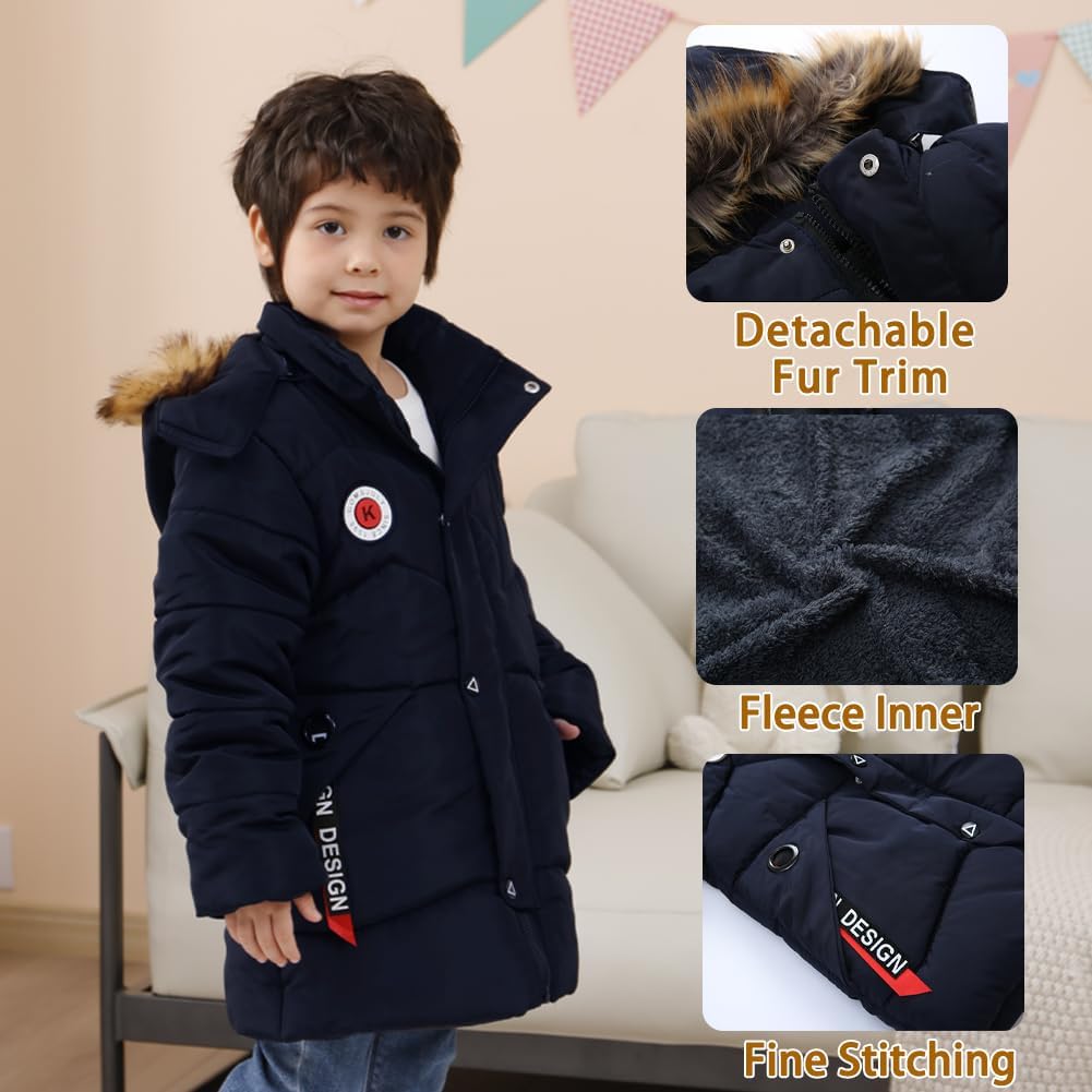 XIFAMNIY Boys Down Jacket Fur Collar Hood Thick Warm Winter Coat Parka Padded Outerwear 3-6T