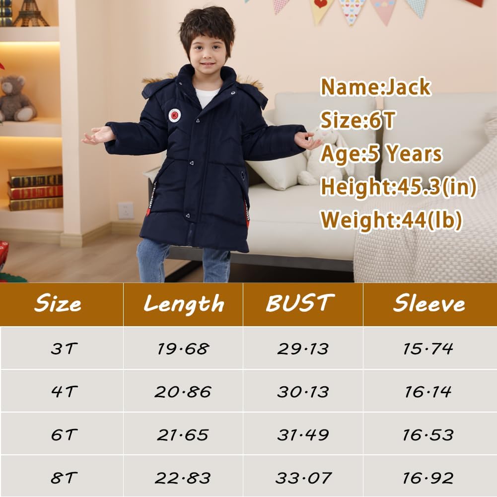 XIFAMNIY Boys Down Jacket Fur Collar Hood Thick Warm Winter Coat Parka Padded Outerwear 3-6T