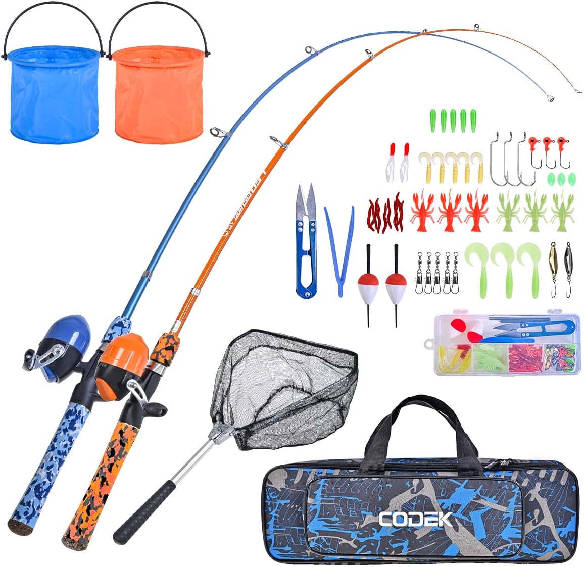CODEK Kids Fishing Pole Set with Full Starter Kits 2 Set Portable Telescopic Fishing Rod and Spincast Reel Cambos with a Fishing Net and 2 Buckets for Boys Girls and Youth · v2