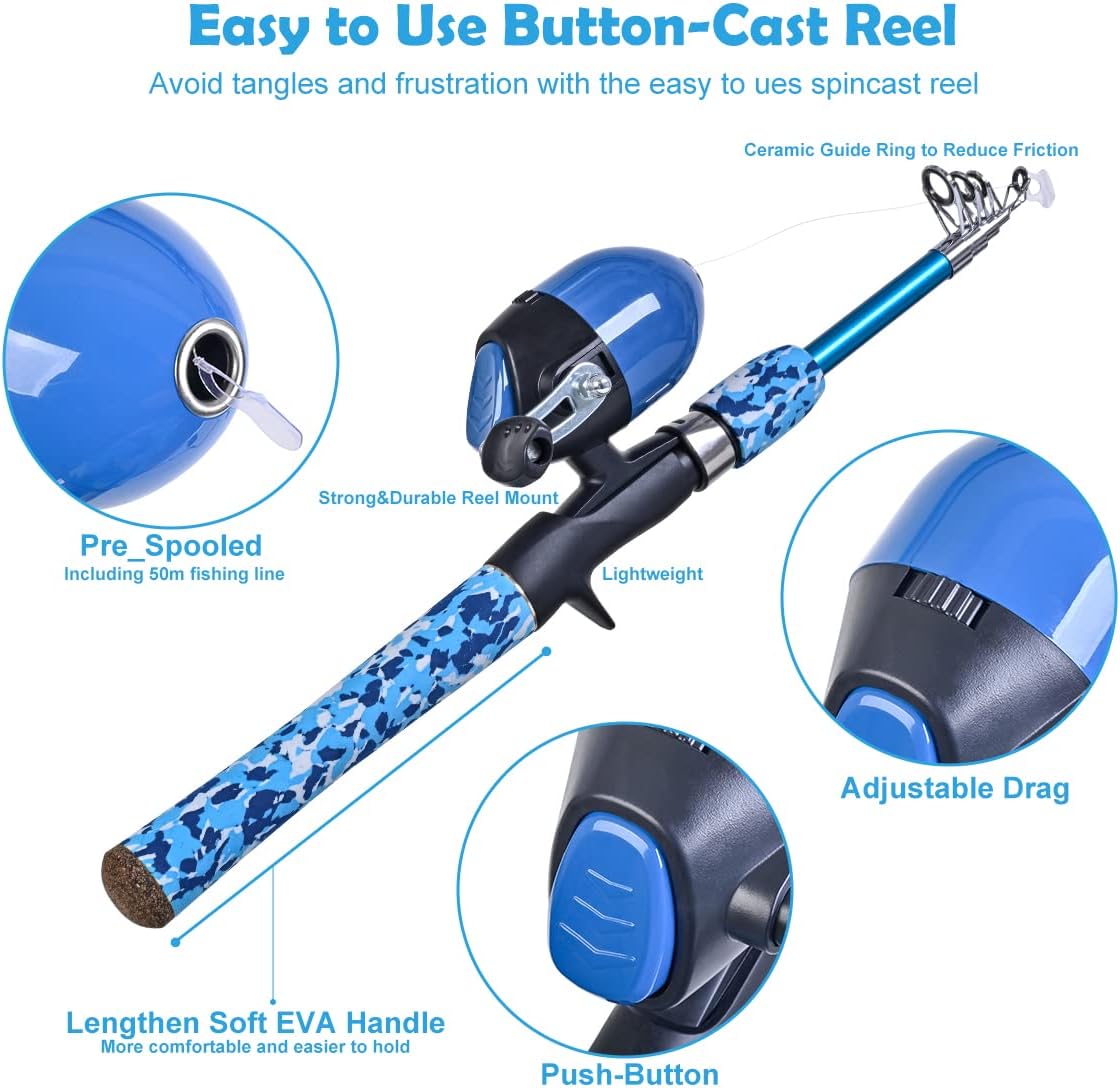 CODEK Kids Fishing Pole Set with Full Starter Kits 2 Set Portable Telescopic Fishing Rod and Spincast Reel Cambos with a Fishing Net and 2 Buckets for Boys Girls and Youth · v2