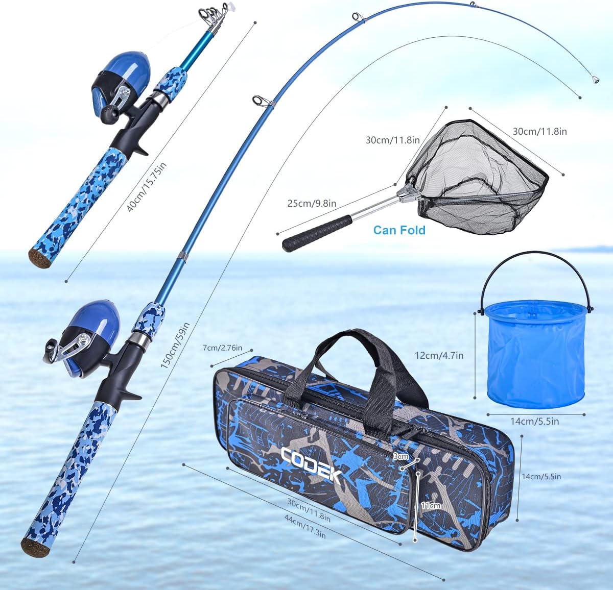 CODEK Kids Fishing Pole Set with Full Starter Kits 2 Set Portable Telescopic Fishing Rod and Spincast Reel Cambos with a Fishing Net and 2 Buckets for Boys Girls and Youth · v2