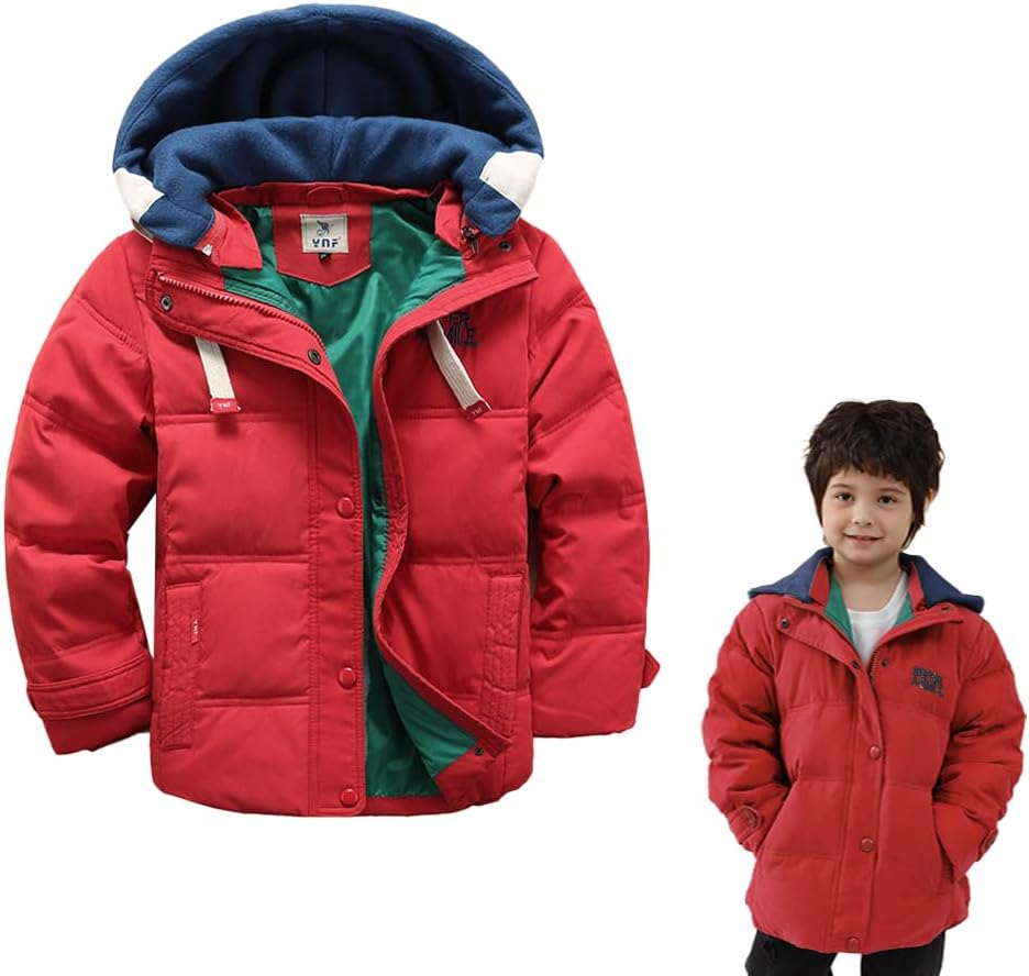 XIFAMNIY Kids Thicken Hooded Jacket Warm Winter Coat Windproof Outwear for Boys Padded Jacket Cool Casual 5-10T