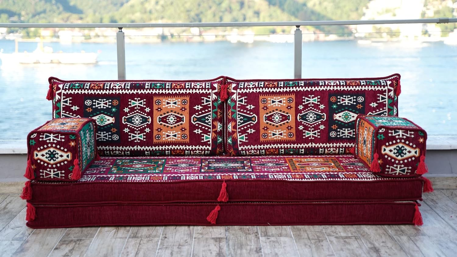 Maroon Arabic Floor Sofas, Ethnic Cushions, Window Seat, Terrace Garden Couch, Floor Sofa Seating, Arabic Majlis, Moroccan Livingroom Couch (Sofa Only, 8' Thickness (20 cm)) · v3