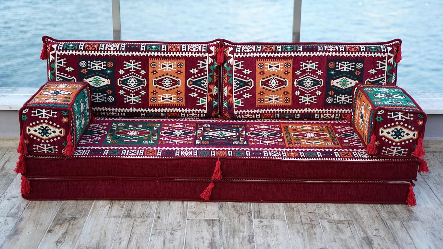 Maroon Arabic Floor Sofas, Ethnic Cushions, Window Seat, Terrace Garden Couch, Floor Sofa Seating, Arabic Majlis, Moroccan Livingroom Couch (Sofa Only, 8' Thickness (20 cm)) · v3