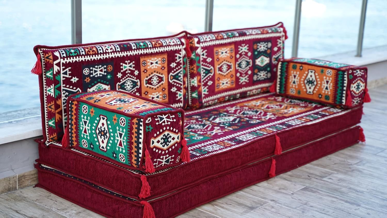Maroon Arabic Floor Sofas, Ethnic Cushions, Window Seat, Terrace Garden Couch, Floor Sofa Seating, Arabic Majlis, Moroccan Livingroom Couch (Sofa Only, 8' Thickness (20 cm)) · v3