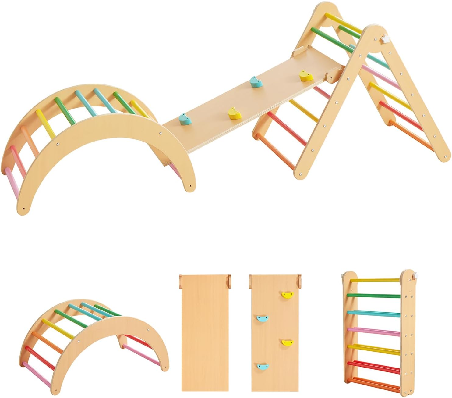 Beright 4 in 1 Pikler Triangle Gym, Montessori Foldable Climber with Ramp, Indoor Climbing Toys for Kids, Climbing Triangle for Toddlers Arch Climber, Rocker, Learning Waldorf Children Toy, Rainbow · v3