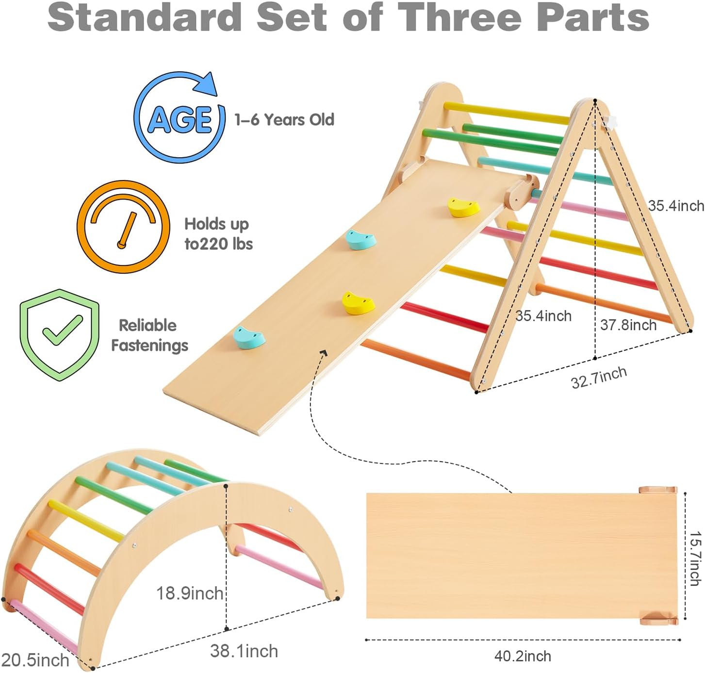 Beright 4 in 1 Pikler Triangle Gym, Montessori Foldable Climber with Ramp, Indoor Climbing Toys for Kids, Climbing Triangle for Toddlers Arch Climber, Rocker, Learning Waldorf Children Toy, Rainbow · v3