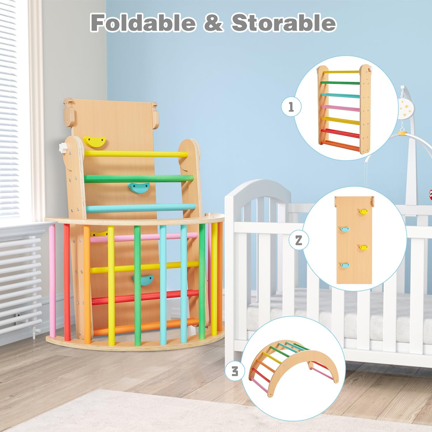 Beright 4 in 1 Pikler Triangle Gym, Montessori Foldable Climber with Ramp, Indoor Climbing Toys for Kids, Climbing Triangle for Toddlers Arch Climber, Rocker, Learning Waldorf Children Toy, Rainbow · v3