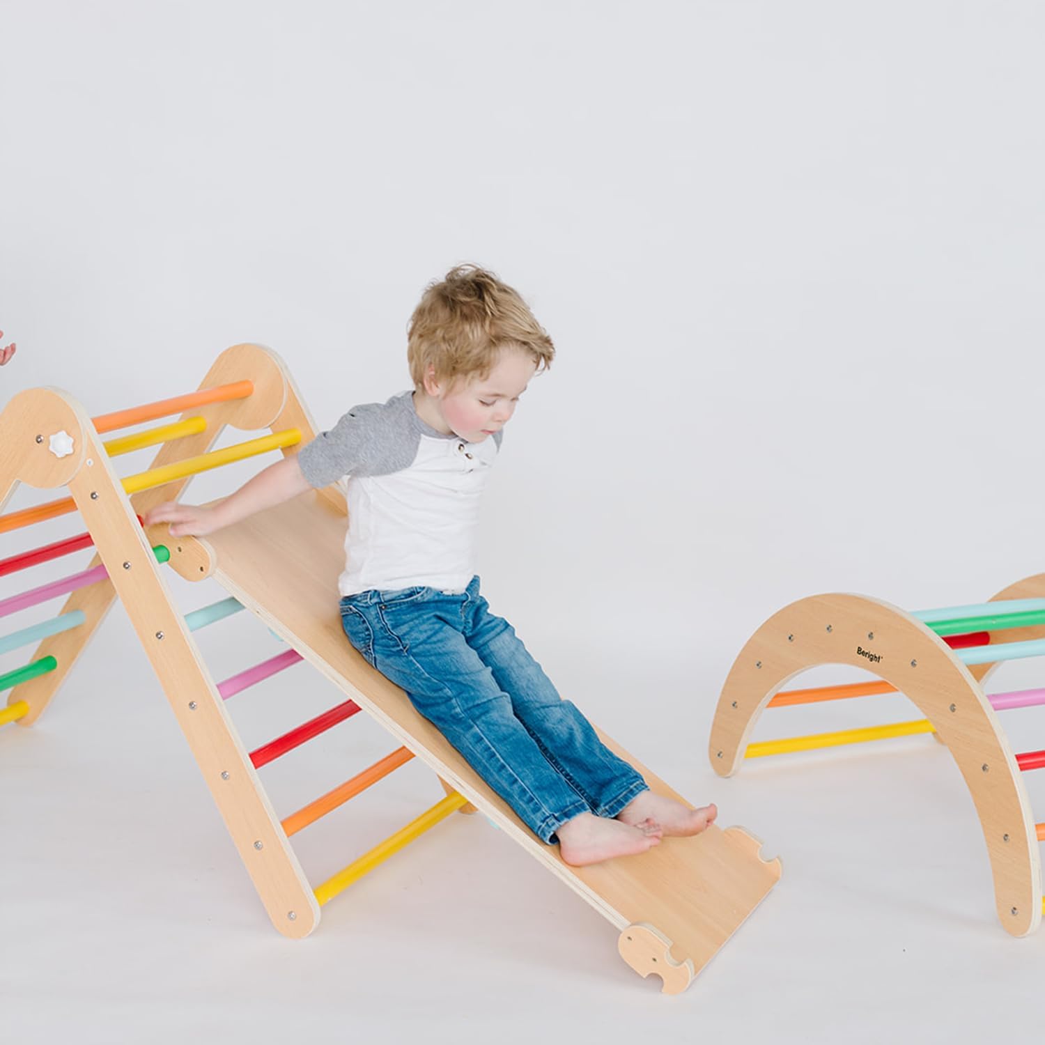 Beright 4 in 1 Pikler Triangle Gym, Montessori Foldable Climber with Ramp, Indoor Climbing Toys for Kids, Climbing Triangle for Toddlers Arch Climber, Rocker, Learning Waldorf Children Toy, Rainbow · v3
