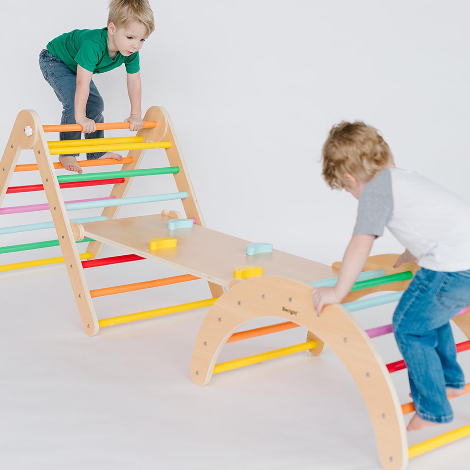 Beright 4 in 1 Pikler Triangle Gym, Montessori Foldable Climber with Ramp, Indoor Climbing Toys for Kids, Climbing Triangle for Toddlers Arch Climber, Rocker, Learning Waldorf Children Toy, Rainbow · v3