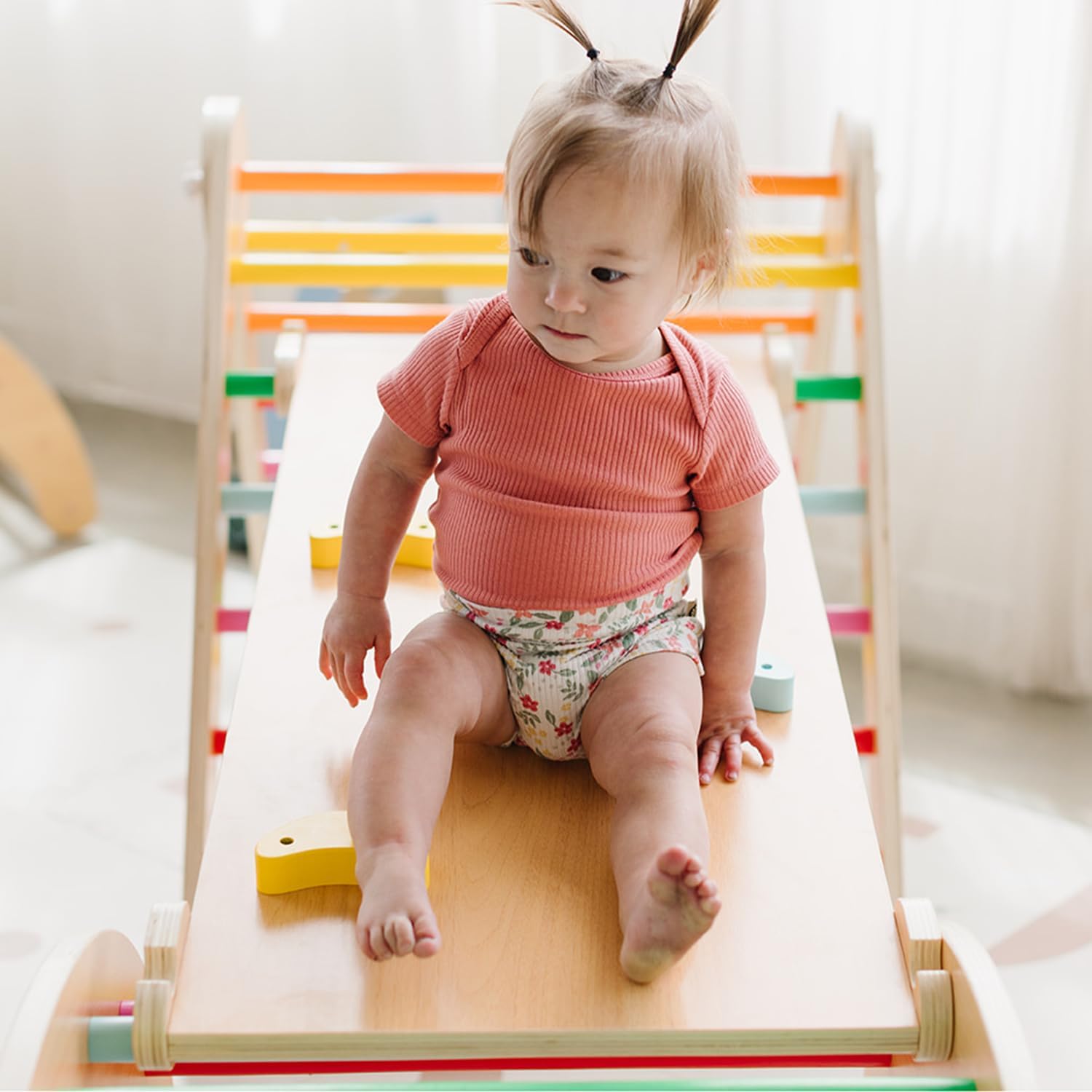 Beright 4 in 1 Pikler Triangle Gym, Montessori Foldable Climber with Ramp, Indoor Climbing Toys for Kids, Climbing Triangle for Toddlers Arch Climber, Rocker, Learning Waldorf Children Toy, Rainbow · v3