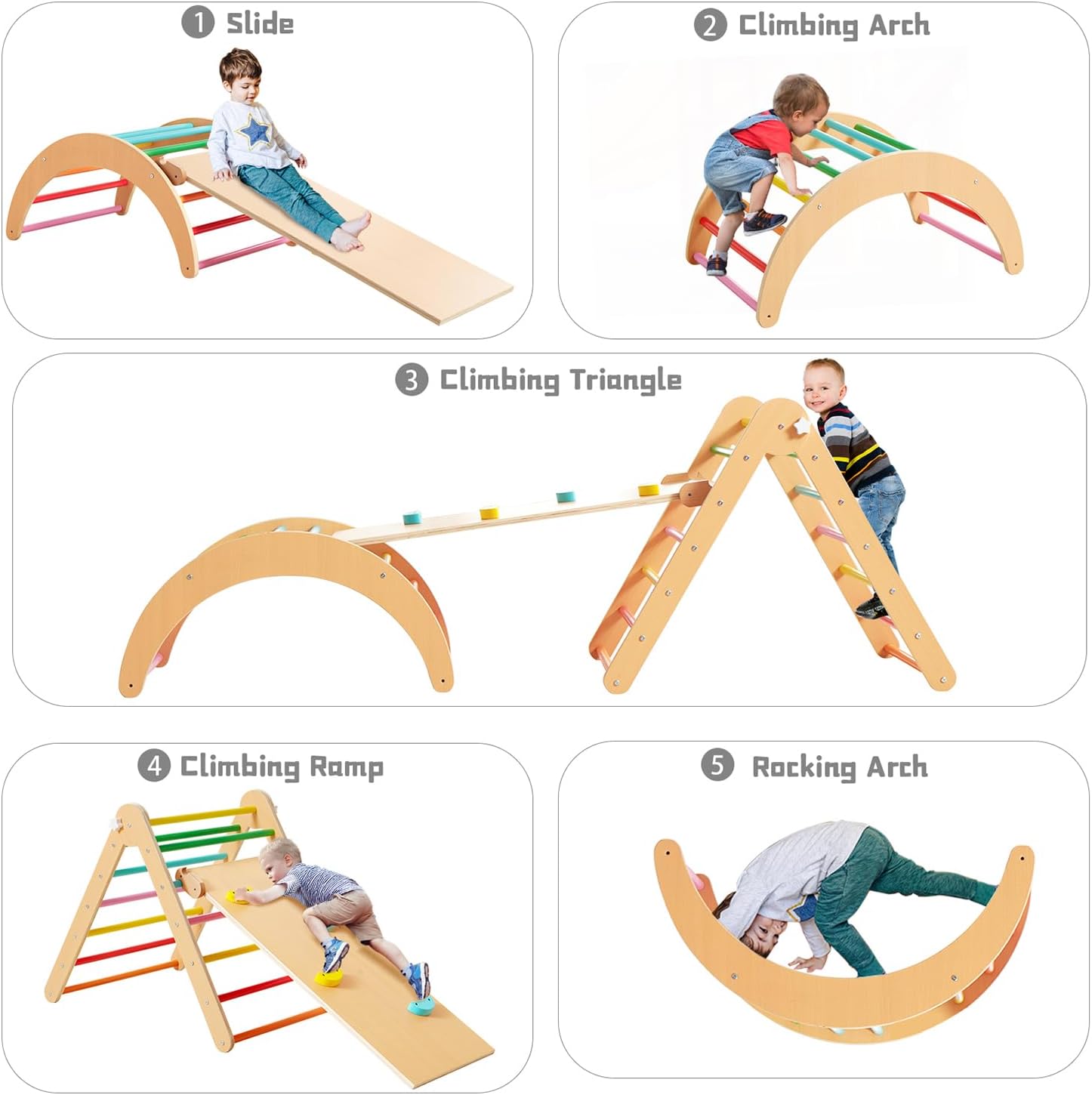 Beright 4 in 1 Pikler Triangle Gym, Montessori Foldable Climber with Ramp, Indoor Climbing Toys for Kids, Climbing Triangle for Toddlers Arch Climber, Rocker, Learning Waldorf Children Toy, Rainbow · v3