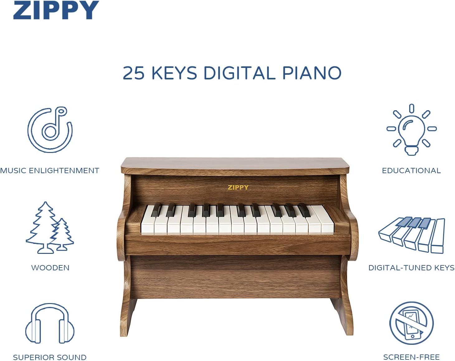 ZIPPY Kids Piano Keyboard, 25 Keys Digital Piano for Kids, Mini Music Educational Instrument Toy, Wood Piano for Toddlers Girls Boys, Walnut · v12