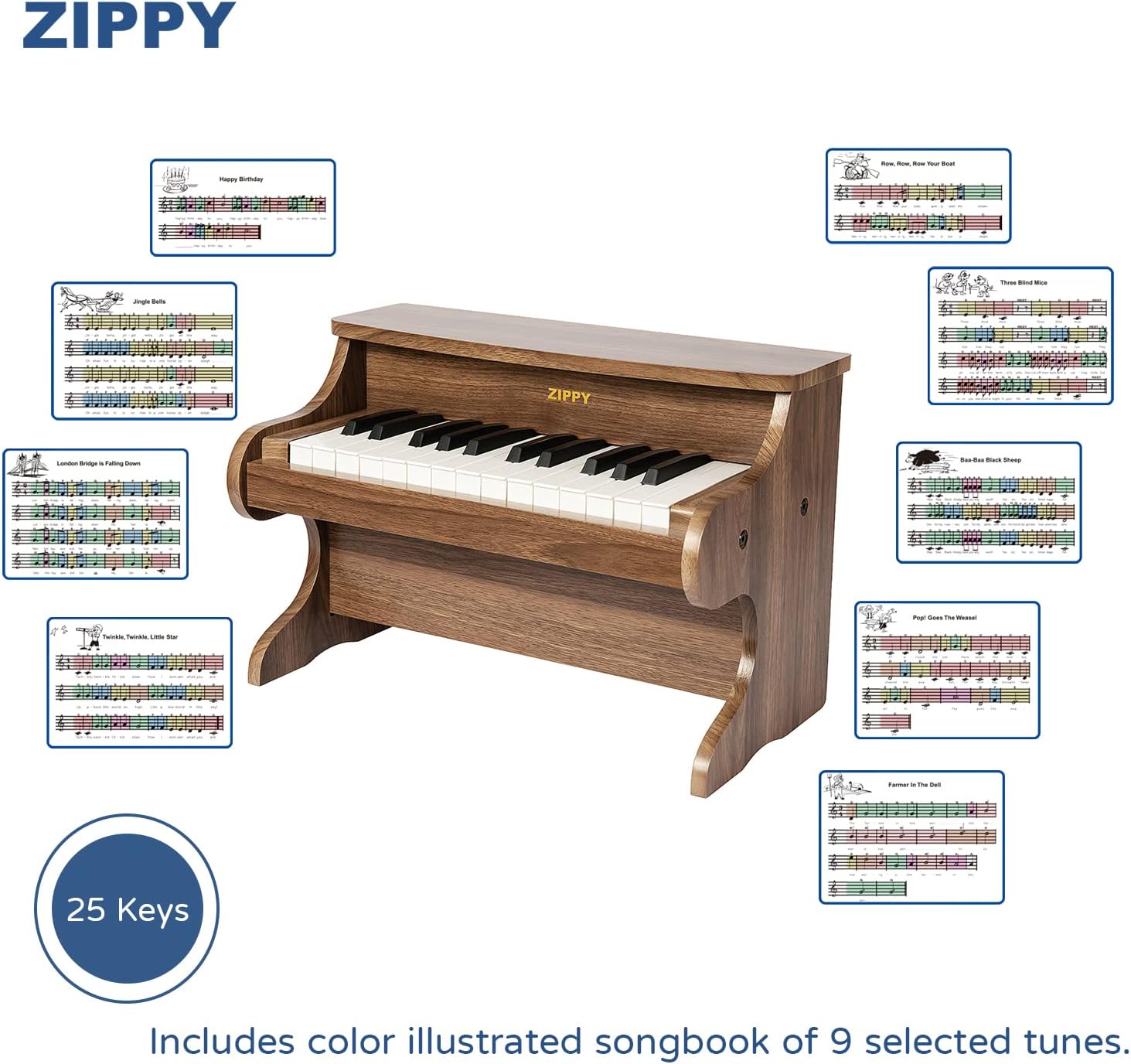 ZIPPY Kids Piano Keyboard, 25 Keys Digital Piano for Kids, Mini Music Educational Instrument Toy, Wood Piano for Toddlers Girls Boys, Walnut · v12