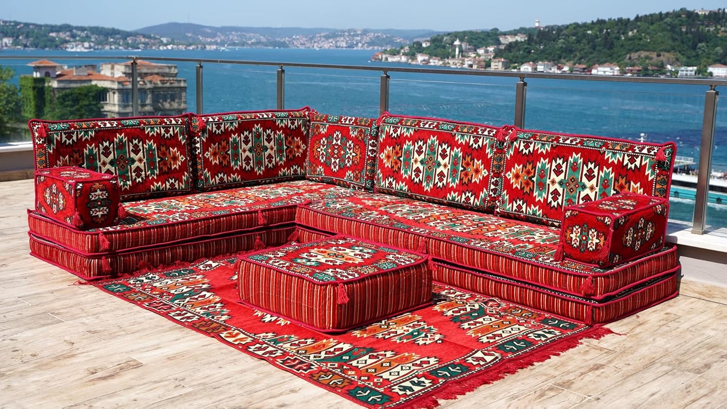 Traditional L Shaped Arabic Seating, Handmade Floor Couches, Sectional Sofas, Turkish Floor Sofas, Moroccan Livingroom Sofas, Arabic Majlis (L Sofa   Rug   Ottoman, 8' Thickness (20 cm)) · v2