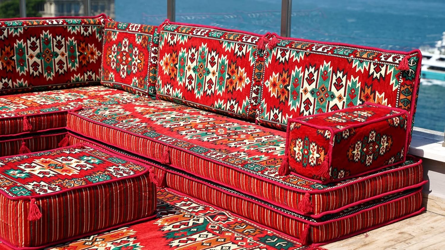 Traditional L Shaped Arabic Seating, Handmade Floor Couches, Sectional Sofas, Turkish Floor Sofas, Moroccan Livingroom Sofas, Arabic Majlis (L Sofa   Rug   Ottoman, 8' Thickness (20 cm)) · v2