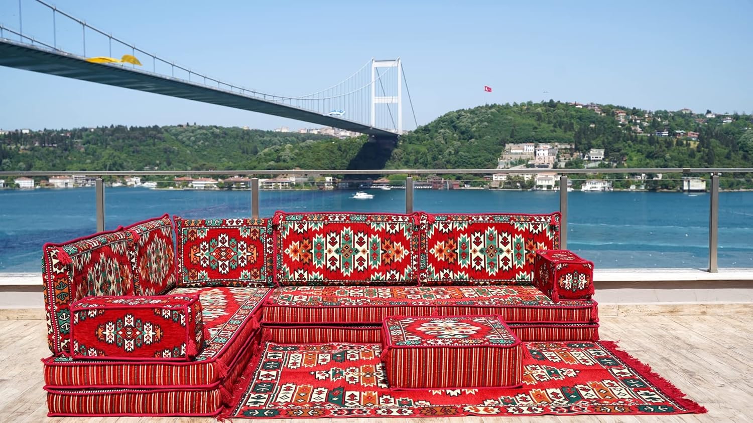 Traditional L Shaped Arabic Seating, Handmade Floor Couches, Sectional Sofas, Turkish Floor Sofas, Moroccan Livingroom Sofas, Arabic Majlis (L Sofa   Rug   Ottoman, 8' Thickness (20 cm)) · v2