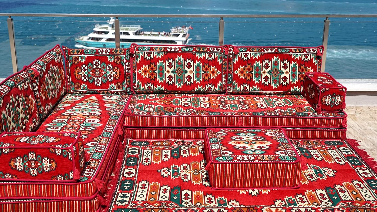 Traditional L Shaped Arabic Seating, Handmade Floor Couches, Sectional Sofas, Turkish Floor Sofas, Moroccan Livingroom Sofas, Arabic Majlis (L Sofa   Rug   Ottoman, 8' Thickness (20 cm)) · v2