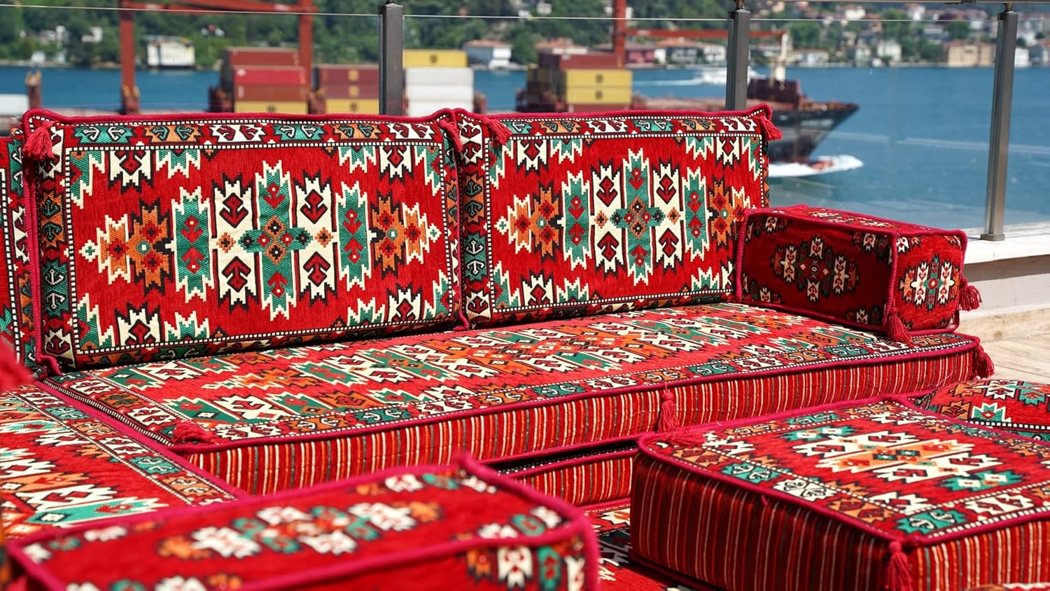 Traditional L Shaped Arabic Seating, Handmade Floor Couches, Sectional Sofas, Turkish Floor Sofas, Moroccan Livingroom Sofas, Arabic Majlis (L Sofa   Rug   Ottoman, 8' Thickness (20 cm)) · v2
