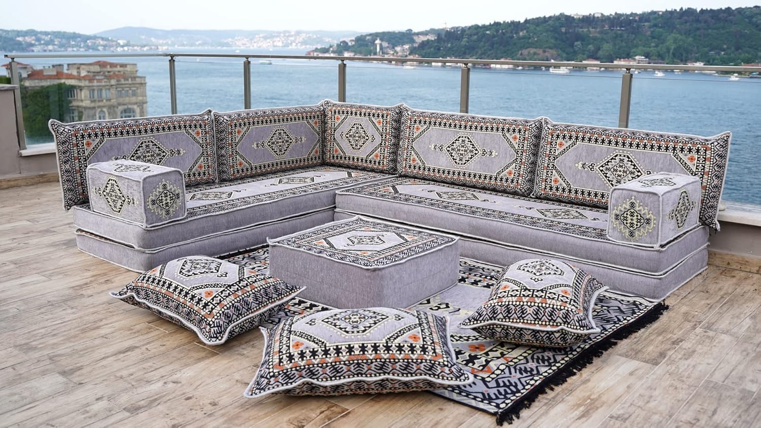 Gray L Shaped Pallet Cushions, Arabic Floor Sofa Set, Oriental Floor Seating, Sectional Floor Cushion, Indoor Floor Pillows, Arabic Majlis Set, Sofa Bed (L Sofa Full Set, 8' Thickness (20 cm)) · v2