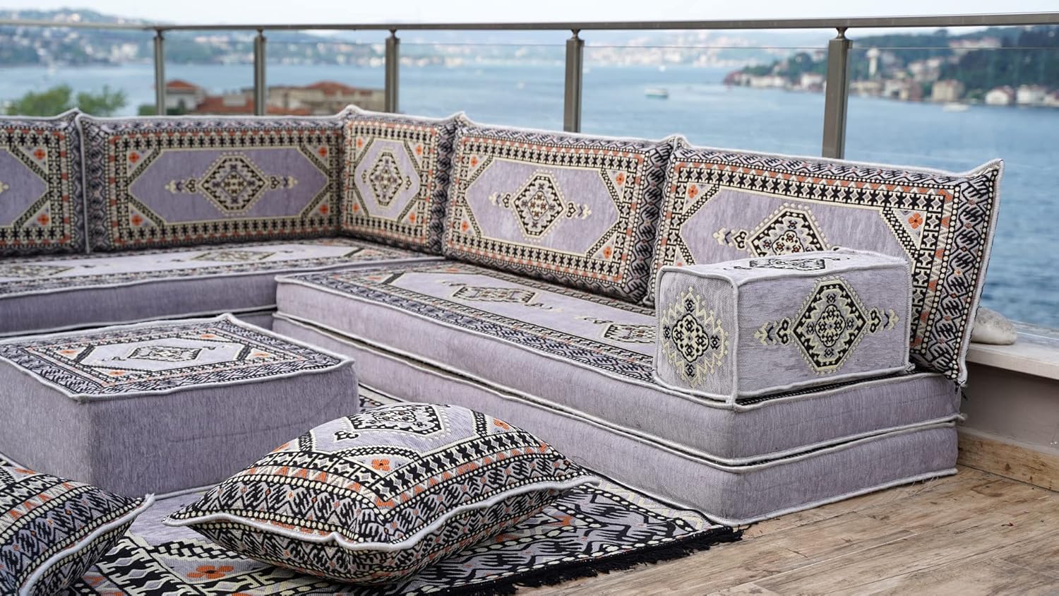 Gray L Shaped Pallet Cushions, Arabic Floor Sofa Set, Oriental Floor Seating, Sectional Floor Cushion, Indoor Floor Pillows, Arabic Majlis Set, Sofa Bed (L Sofa Full Set, 8' Thickness (20 cm)) · v2