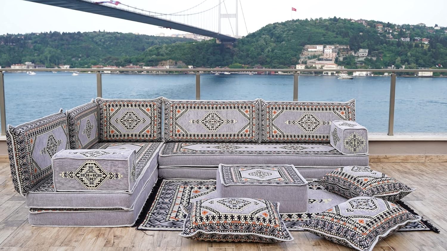 Gray L Shaped Pallet Cushions, Arabic Floor Sofa Set, Oriental Floor Seating, Sectional Floor Cushion, Indoor Floor Pillows, Arabic Majlis Set, Sofa Bed (L Sofa Full Set, 8' Thickness (20 cm)) · v2