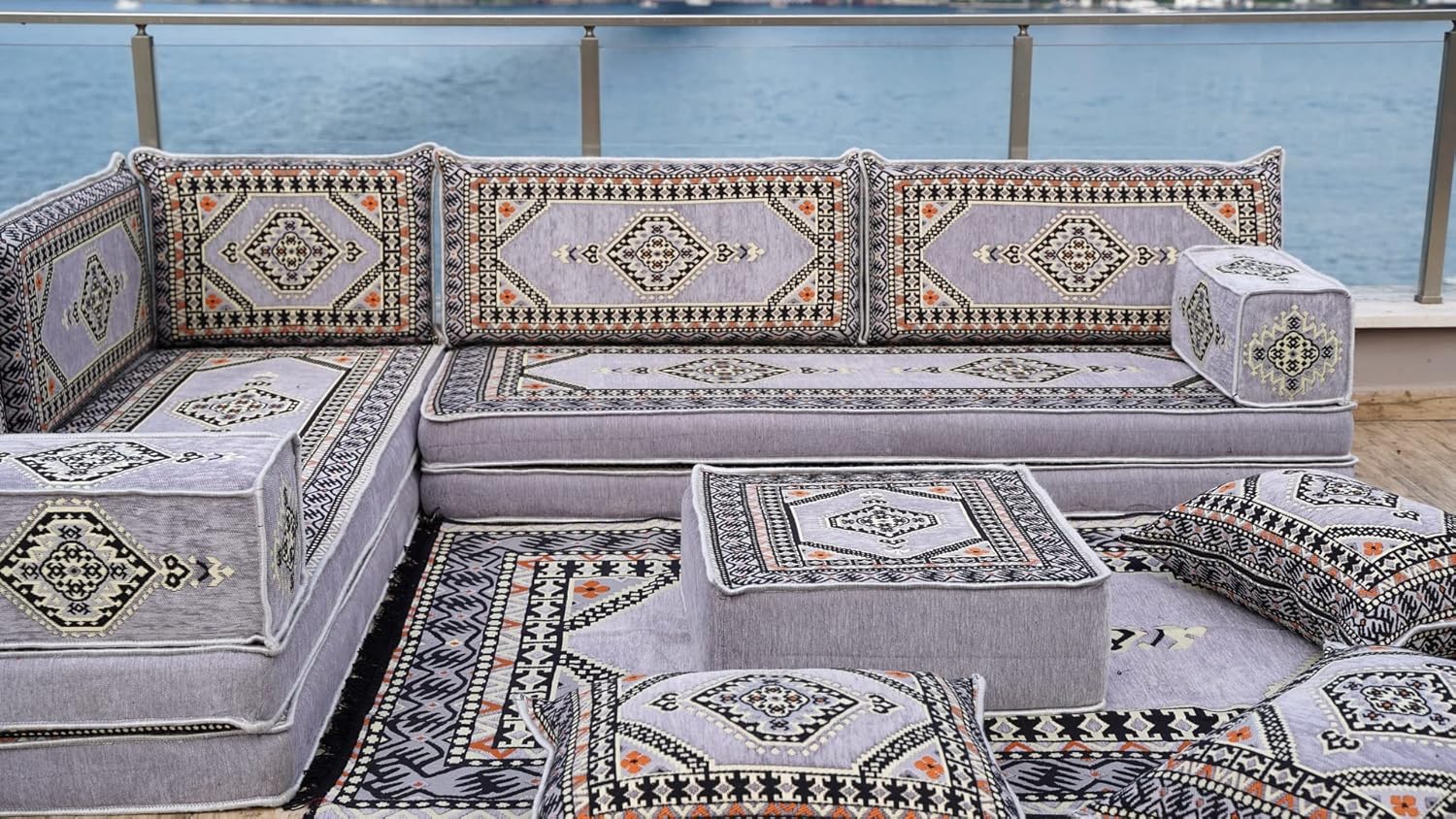 Gray L Shaped Pallet Cushions, Arabic Floor Sofa Set, Oriental Floor Seating, Sectional Floor Cushion, Indoor Floor Pillows, Arabic Majlis Set, Sofa Bed (L Sofa Full Set, 8' Thickness (20 cm)) · v2