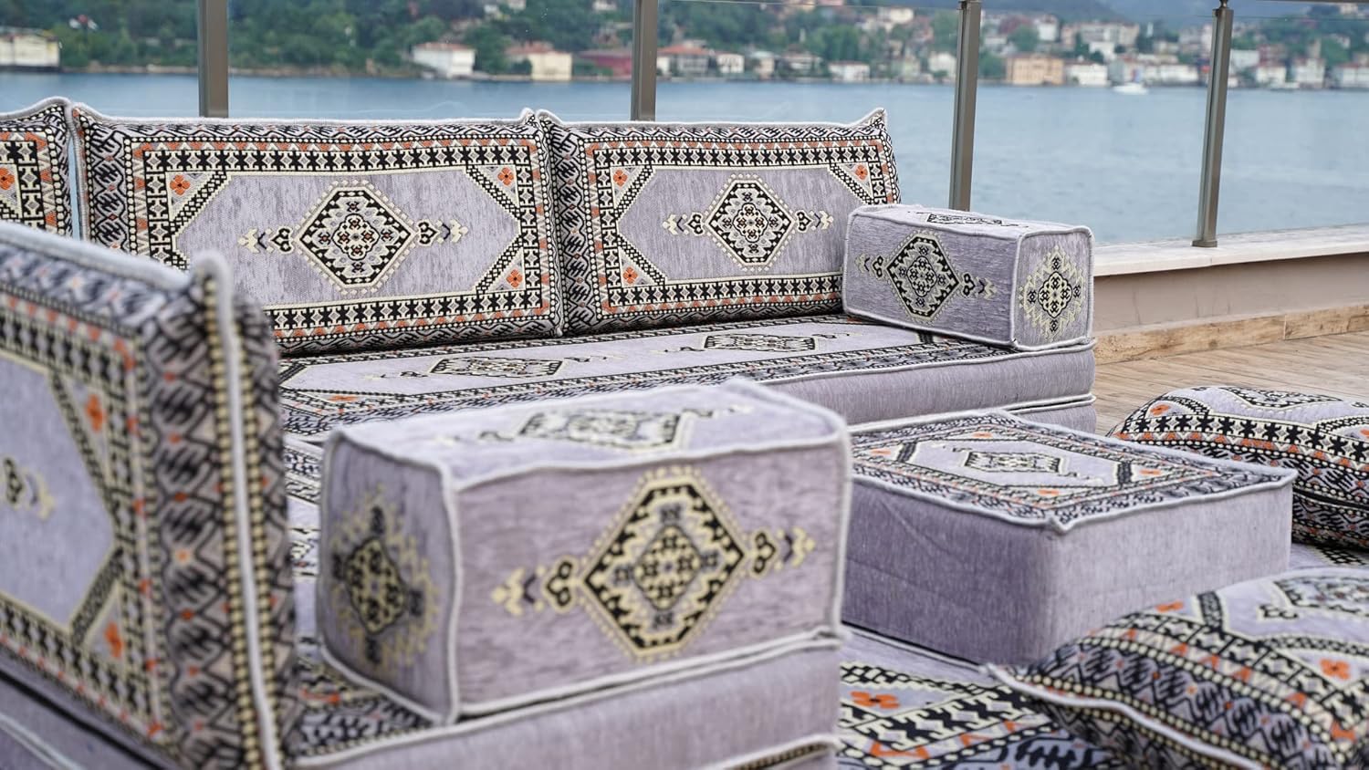 Gray L Shaped Pallet Cushions, Arabic Floor Sofa Set, Oriental Floor Seating, Sectional Floor Cushion, Indoor Floor Pillows, Arabic Majlis Set, Sofa Bed (L Sofa Full Set, 8' Thickness (20 cm)) · v2