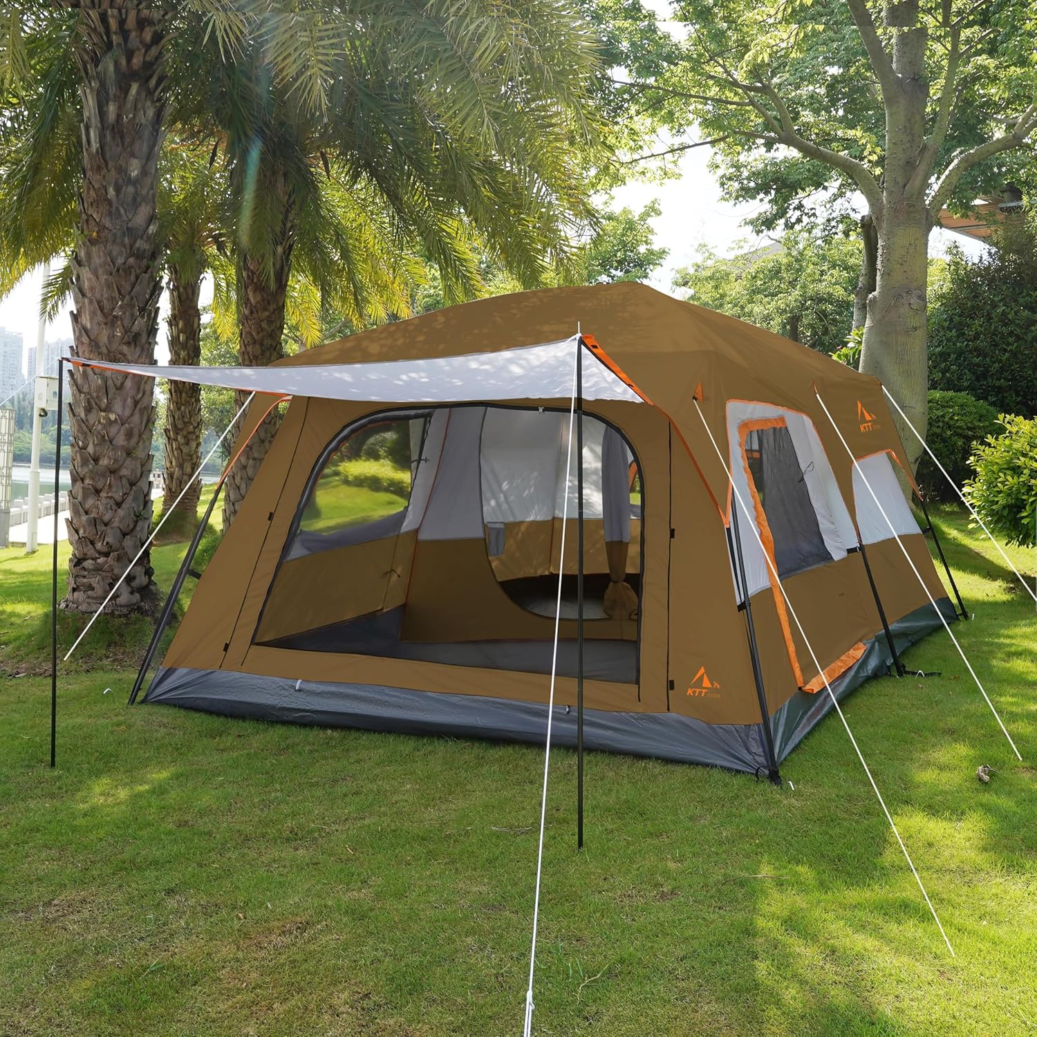 KTT Extra Large Tent 10-12-14 Person(B),Family Cabin Tents,2 Rooms,3 Doors and 3 Windows with Mesh,Straight Wall,Waterproof,Double Layer,Big Tent for Outdoor,Picnic,Camping,Family Gathering