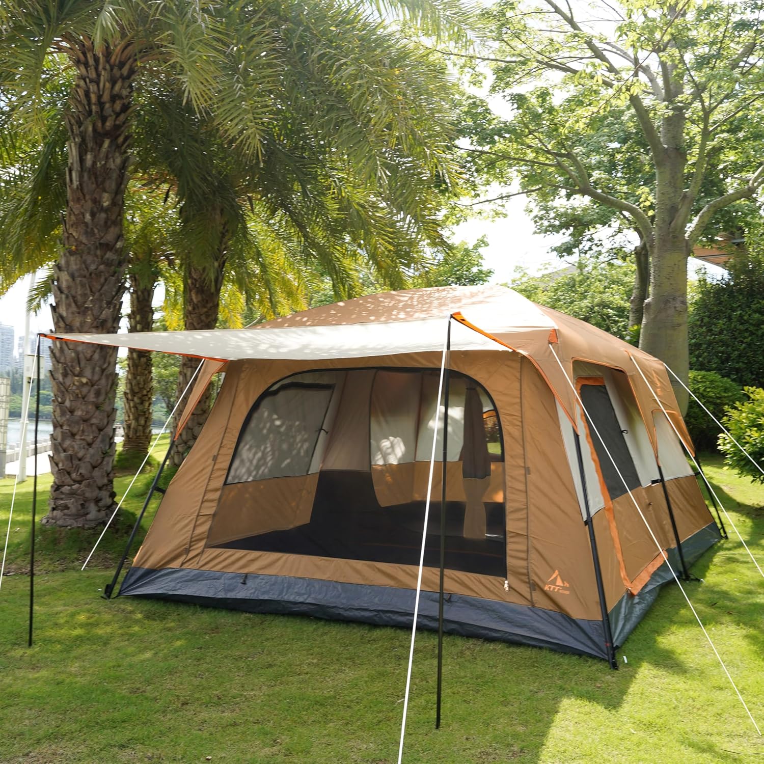 KTT Extra Large Tent 10-12-14 Person(B),Family Cabin Tents,2 Rooms,3 Doors and 3 Windows with Mesh,Straight Wall,Waterproof,Double Layer,Big Tent for Outdoor,Picnic,Camping,Family Gathering