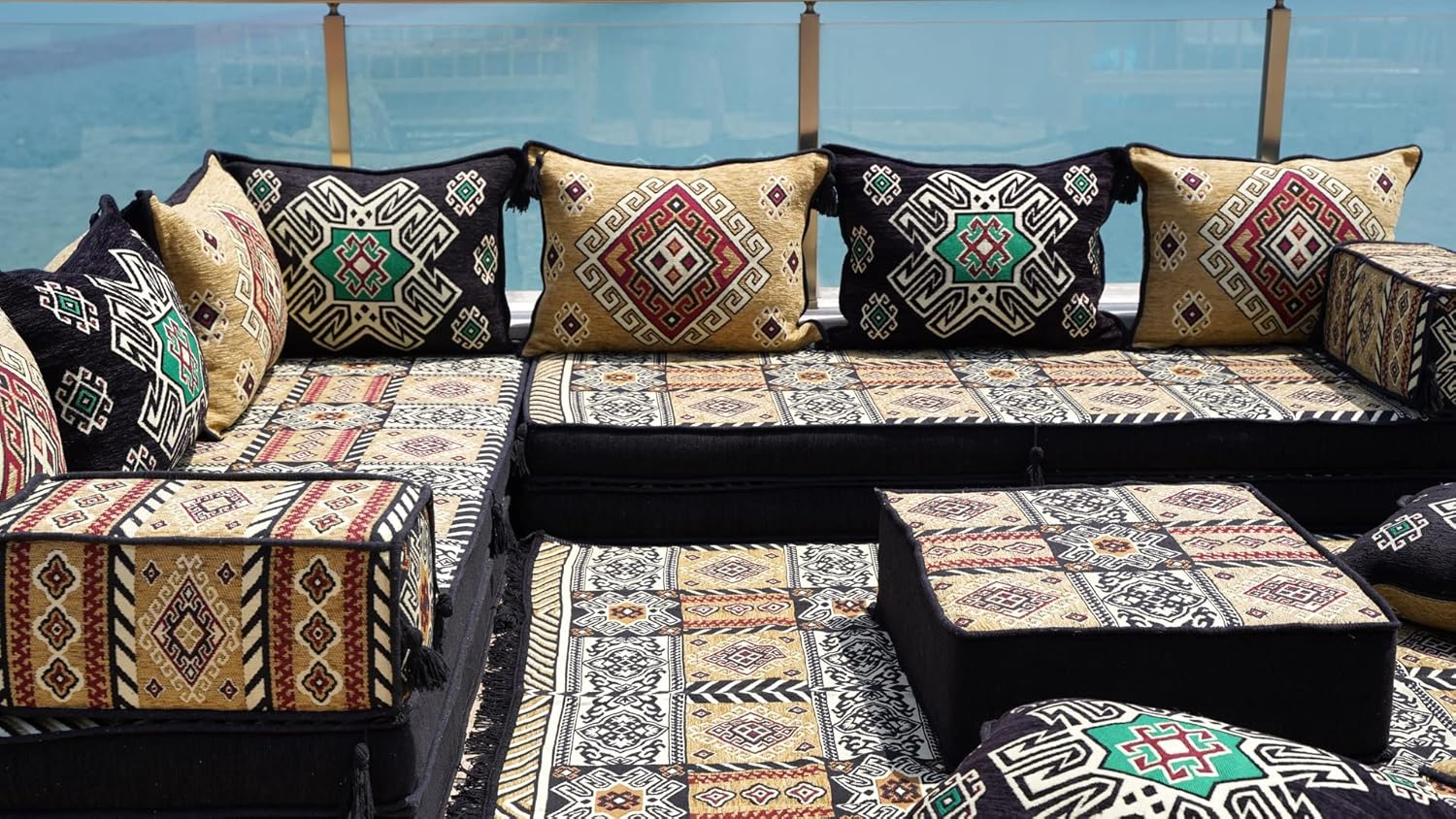 Set di divani da pavimento, set di divani arabi angolari a forma di L, sedute da pavimento orientali, cuscini da pavimento, divano da soggiorno, Majlis arabo, Jalsa marocchina, divano letto (set completo di divani L)