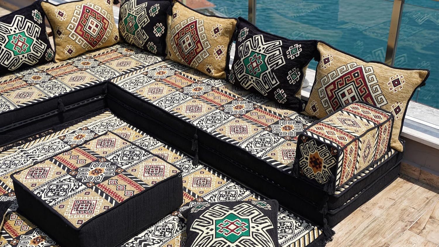 Set di divani da pavimento, set di divani arabi angolari a forma di L, sedute da pavimento orientali, cuscini da pavimento, divano da soggiorno, Majlis arabo, Jalsa marocchina, divano letto (set completo di divani L)