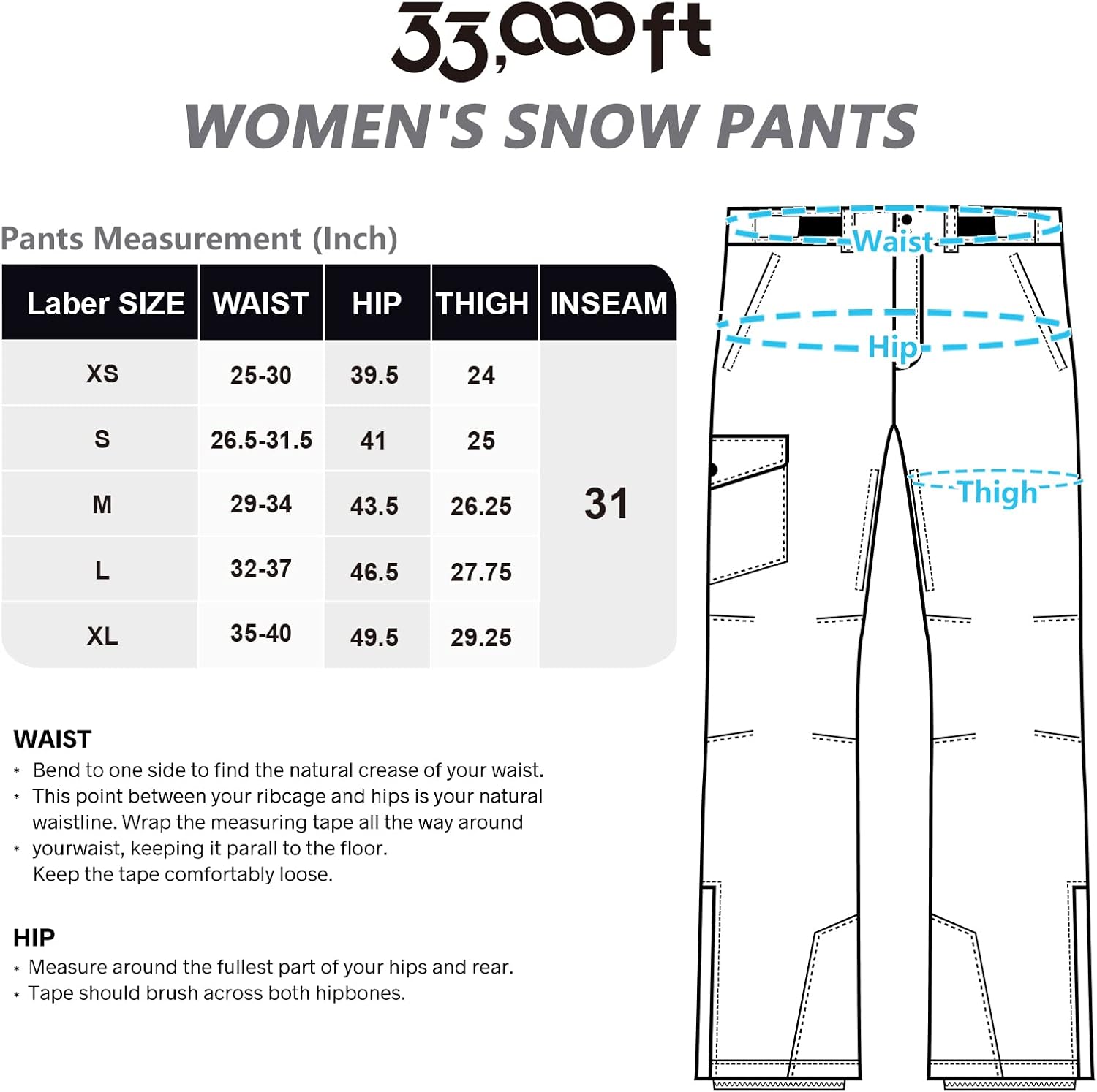 33,000ft Womens Insulated Snow Pants, Waterproof Snowboard Ski Pants with Boot Gaiters · v3