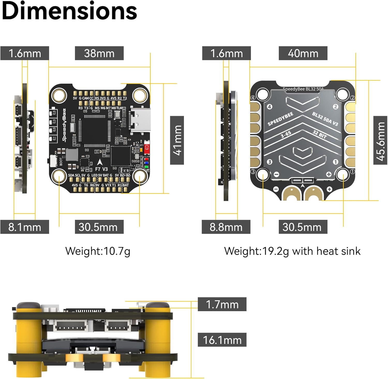 Stack controller di volo SpeedyBee V3 F7: stack FC per droni 30x30 con ESC BL32 4in1 50A, configurazione wireless Betaflight, blackbox, prese senza saldatura, WiFi, Bluetooth per drone FPV 3-6S 4 5" Cinelifter