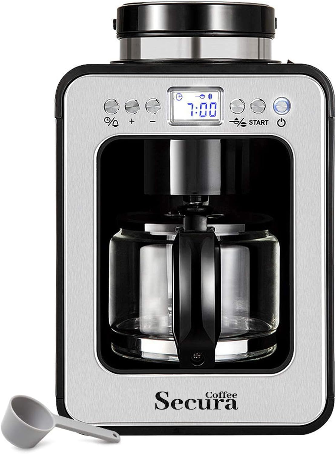 เครื่องชงกาแฟอัตโนมัติ Secura Coffee พร้อมเครื่องบดเมล็ดกาแฟ เครื่องชงกาแฟแบบบดและชงที่ตั้งโปรแกรมได้สำหรับใช้กับเมล็ดกาแฟบดหรือเมล็ดกาแฟเต็มเมล็ด เหยือกแก้วขนาด 17 ออนซ์ สีดำ (CM6686AT)