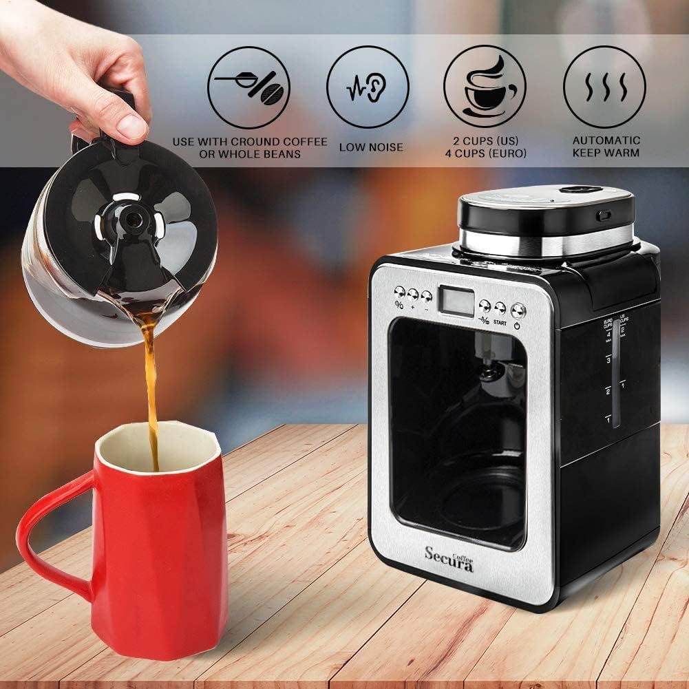 เครื่องชงกาแฟอัตโนมัติ Secura Coffee พร้อมเครื่องบดเมล็ดกาแฟ เครื่องชงกาแฟแบบบดและชงที่ตั้งโปรแกรมได้สำหรับใช้กับเมล็ดกาแฟบดหรือเมล็ดกาแฟเต็มเมล็ด เหยือกแก้วขนาด 17 ออนซ์ สีดำ (CM6686AT)