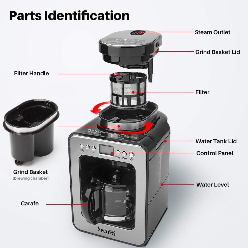 เครื่องชงกาแฟอัตโนมัติ Secura Coffee พร้อมเครื่องบดเมล็ดกาแฟ เครื่องชงกาแฟแบบบดและชงที่ตั้งโปรแกรมได้สำหรับใช้กับเมล็ดกาแฟบดหรือเมล็ดกาแฟเต็มเมล็ด เหยือกแก้วขนาด 17 ออนซ์ สีดำ (CM6686AT)
