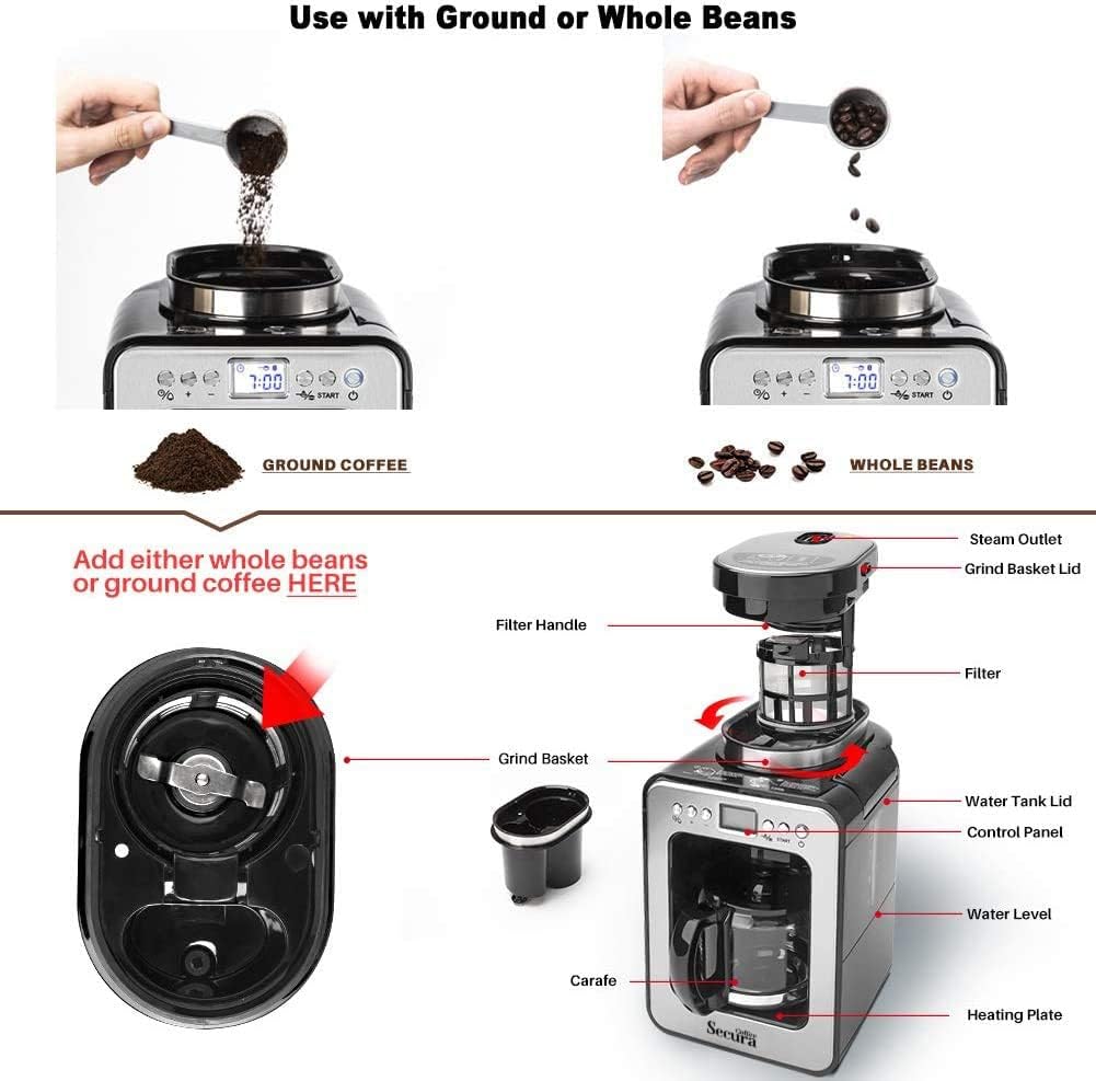 เครื่องชงกาแฟอัตโนมัติ Secura Coffee พร้อมเครื่องบดเมล็ดกาแฟ เครื่องชงกาแฟแบบบดและชงที่ตั้งโปรแกรมได้สำหรับใช้กับเมล็ดกาแฟบดหรือเมล็ดกาแฟเต็มเมล็ด เหยือกแก้วขนาด 17 ออนซ์ สีดำ (CM6686AT)