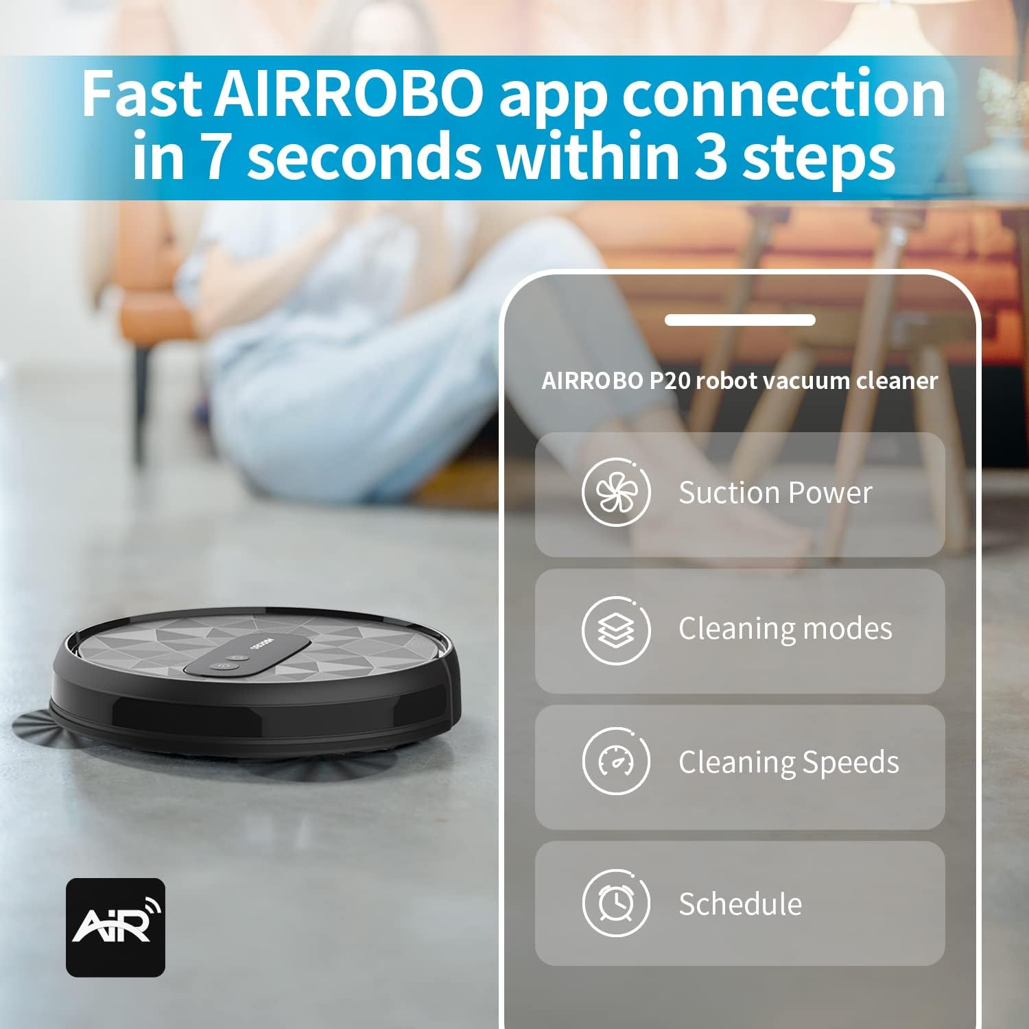 AIRROBO Robot Vacuum Cleaner with 2800Pa Suction Power, App Control, 120 Mins Runtime, Self-Charging Robotic Vacuum Cleaner for Low Carpet, Pet Hair, Hard Floors, P20 · v2