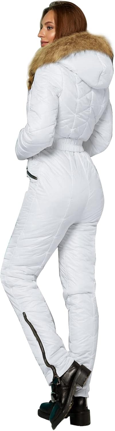 Yousify Womens Winter Ski Suit One Piece Hooded Fur Collar Ski Jumpsuit Snowsuit Outdoor Sports Coat