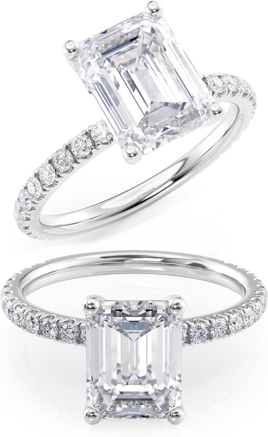 2 to 6 Carat Emerald Cut Moissanite Engagement Ring for Women - 1/4 Carat Natural Diamond - 14k Gold (G-H/VS, SI, cttw, DEW) Anniversary Promise Ring Size 4 to 11 Made in USA · v4